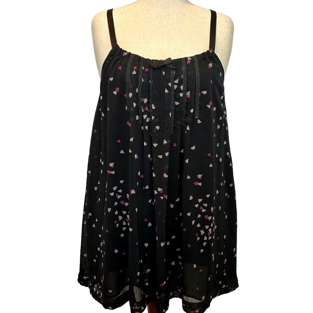 DKNY Black Heart Print Chemise Babydoll Nightgown Lingerie Pink Cream - EUC - XL